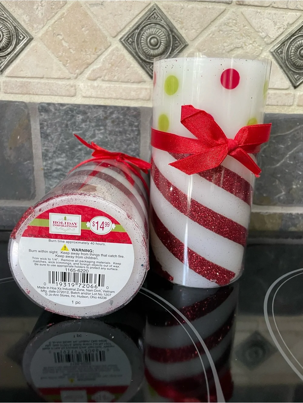 Festive Red Glitter Stripe Pillar Candles with Polka Dots and Bows 3” x 6” set 2
